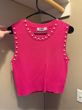 Hot Pink Pearl-Trim Sleeveless Tank